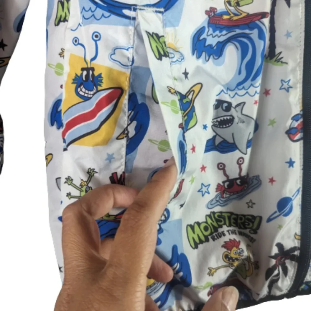 365 Kids Monster Shark Surfing Reversible Hooded Red Light Rain/Wind Jacket - Picture 8 of 12